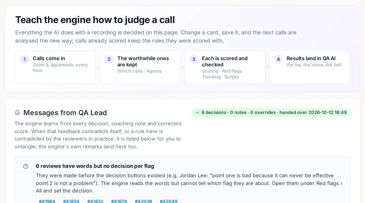 The AI QA setup page: how calls are taken, kept, scored and delivered